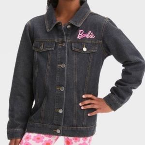 NWT Mattel Barbie denim jean jacket, button up bright pink graphics med 6/7